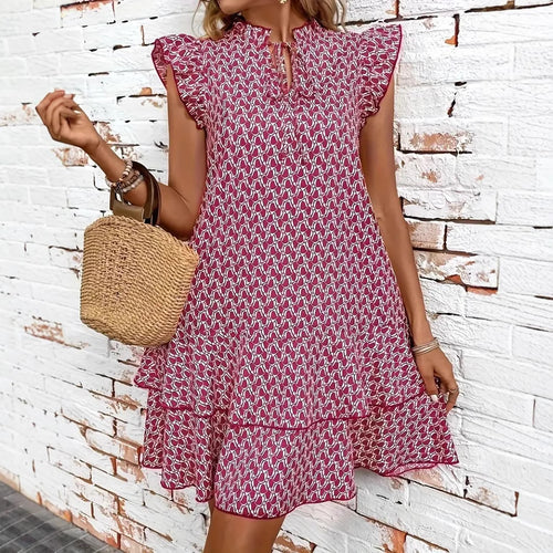 Damen Leichtes Boho-Kleid mit Rüschendetails und hochgeschlossenem Kragen R&B