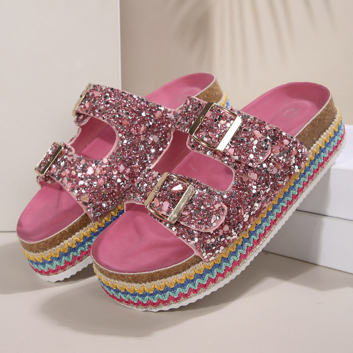 Damen Glitzernde Plateau-Sandalen mit Doppelschnalle und mehrfarbigem Boden R&B
