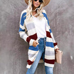 Damen lässige Strickjacke mit modischem Streifenmuster und praktischen Taschen R&B