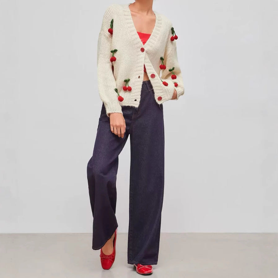 Damen verspielter Strickcardigan mit Kirschapplikationen R&B