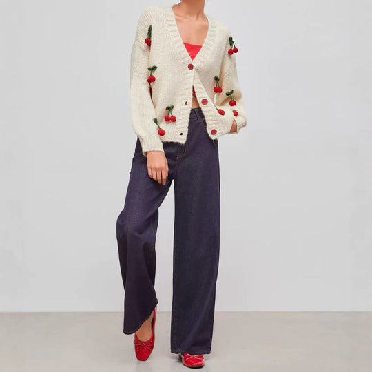 Damen verspielter Strickcardigan mit Kirschapplikationen R&B