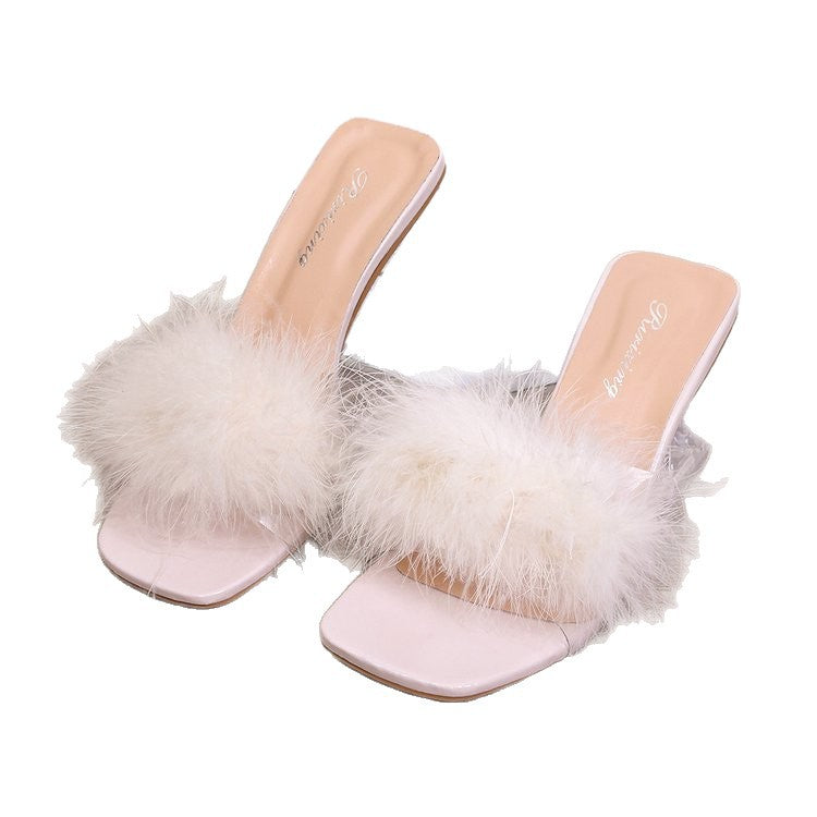 Damen transparente Mules mit flauschigem Flausche-Akzent R&B