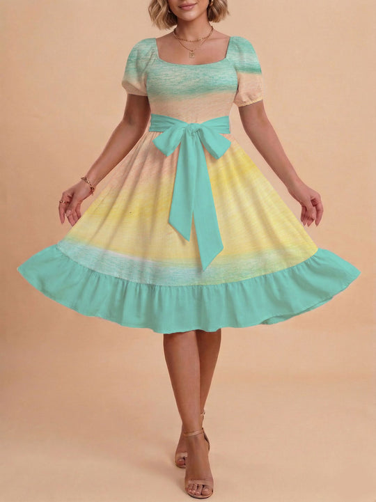 Damen Retro Maxikleid mit Puffärmeln und Taillengürtel R&B
