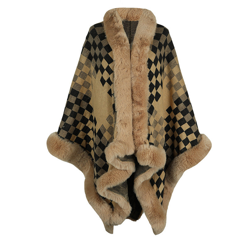 Damen eleganter Strickponcho mit luxuriösem Kunstfellbesatz und geometrischem Muster R&B