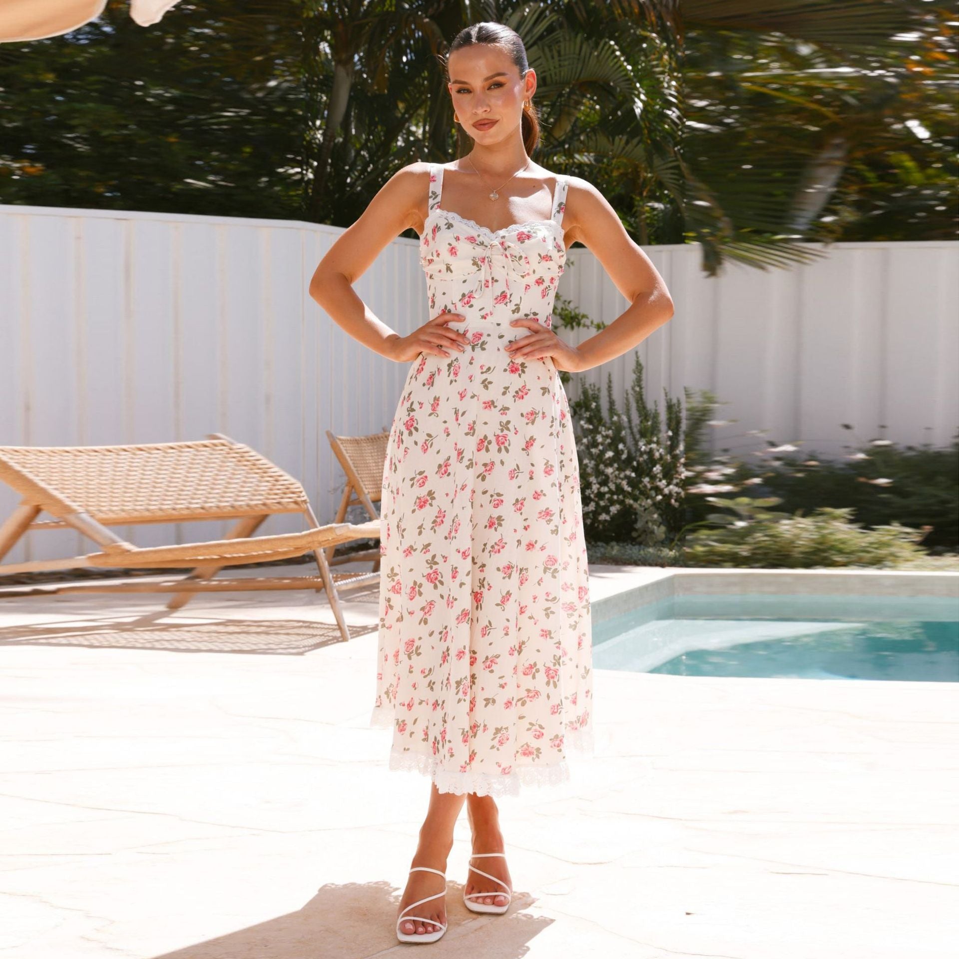 Damen Midi-Langarmkleid mit romantischem Spitzenbesatz R&B