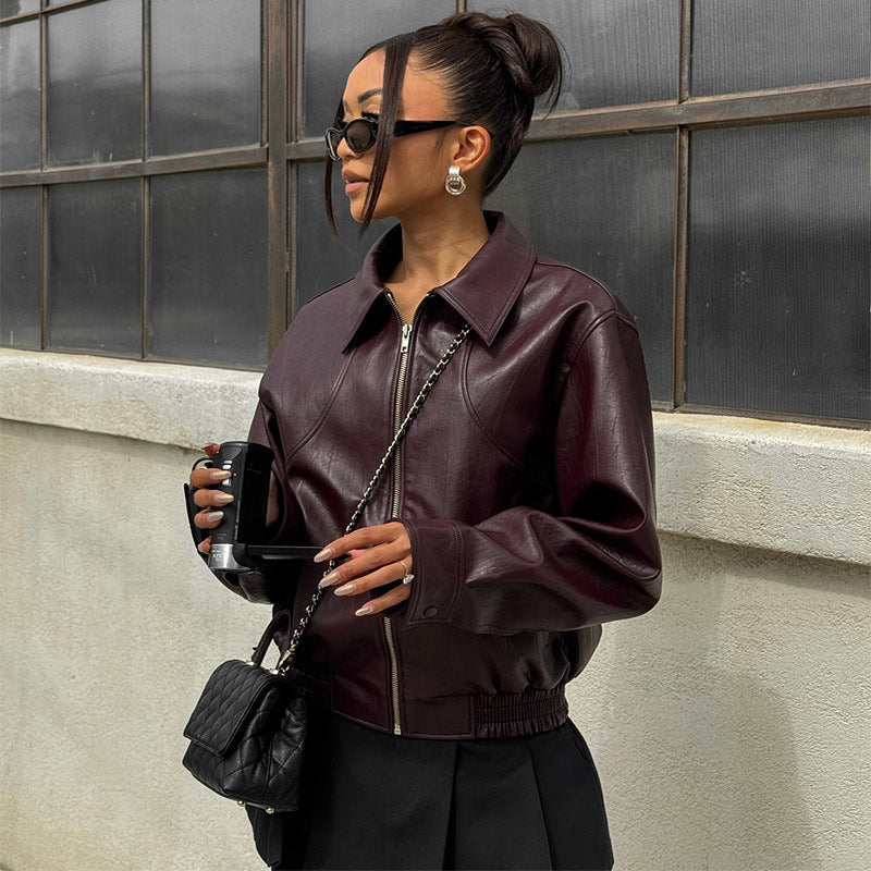 Damen Kunstlederjacke mit lässigem Schnitt und Reißverschluss R&B