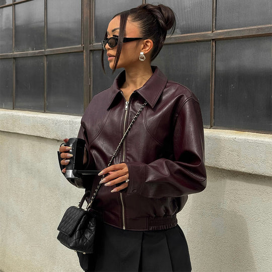 Damen Kunstlederjacke mit lässigem Schnitt und Reißverschluss R&B