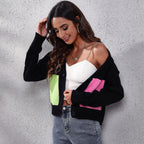 Damen Modische Strickjacke mit bunten Taschen und tiefem V-Ausschnitt R&B