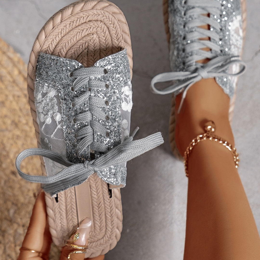 Damen Modische Zehentrenner-Pantoletten mit glitzernden Akzenten und floralen Details R&B
