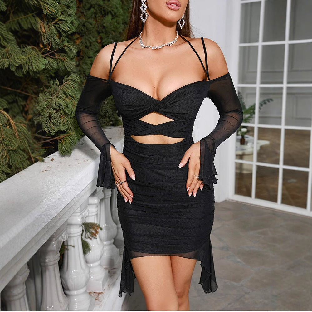 Damen Verführerisches Minikleid mit transparenten Ärmel und raffiniertem Cut-Out R&B