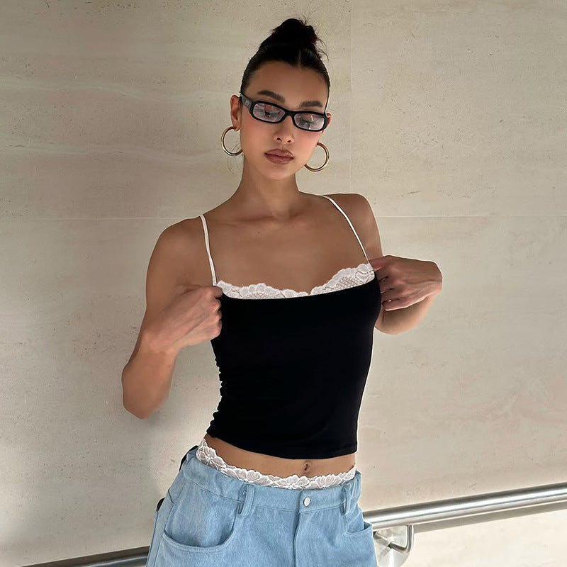 Damen Crop-Top mit zartem Spitzenrand und schmalen Trägern R&B