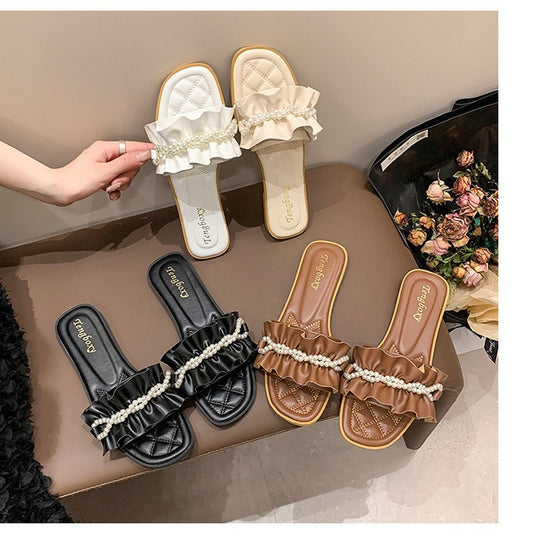 Damen elegante Pantoletten mit Rüschendetails und Perlenschmuck R&B