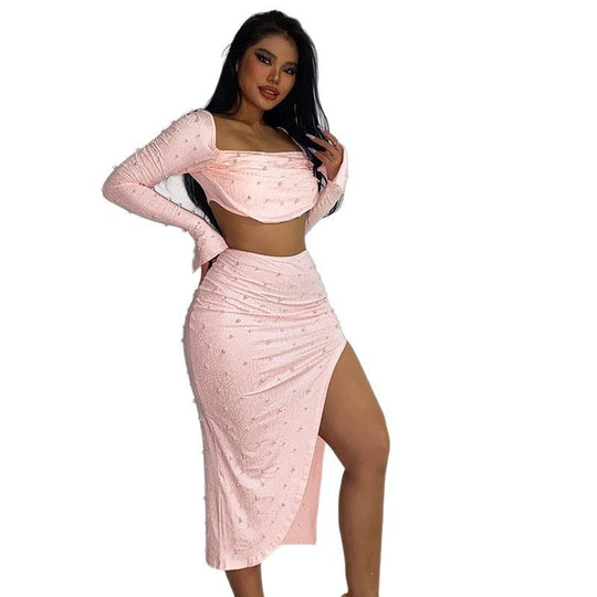 Damen Elegantes Crop-Top mit langen, transparenten Ärmeln und funkelnden Akzenten R&B
