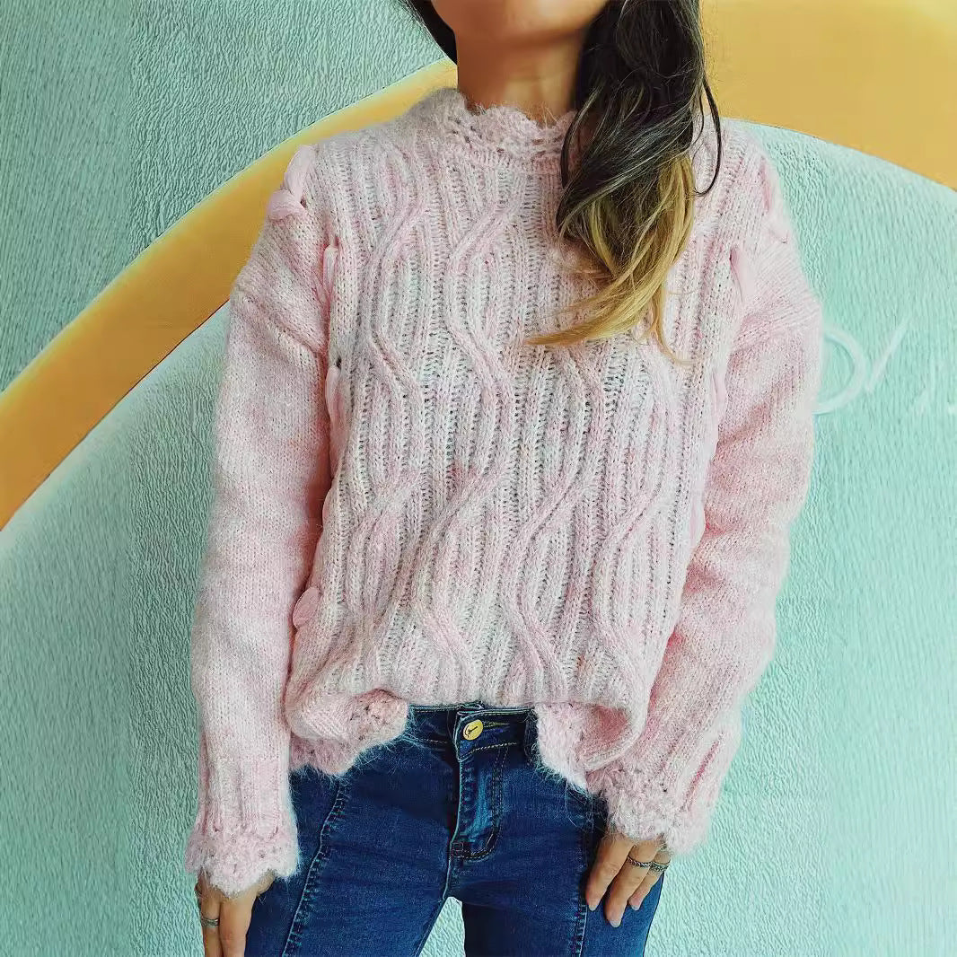 Damen Grobstrickpullover mit romantischem Wellenmuster und volumetrischen Ärmeln R&B