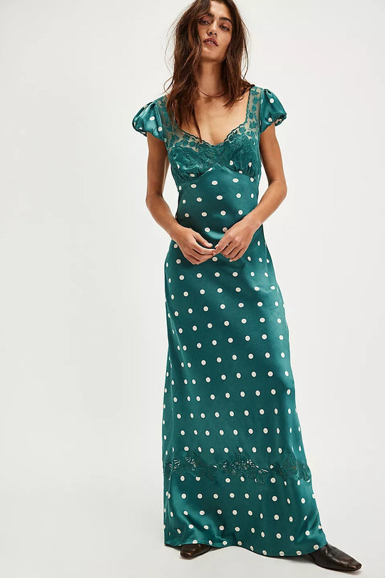 Damen Elegantes Maxikleid mit Polka-Dots und romantischem Rückenausschnitt R&B