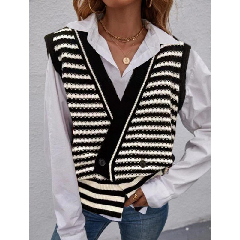 Damen Strickweste mit modischem Streifenmuster und doppeltem Knopfverschluss R&B
