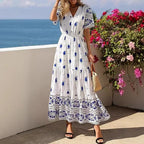 Damen Boho Maxikleid mit floralen Prints und Taillengürtel R&B