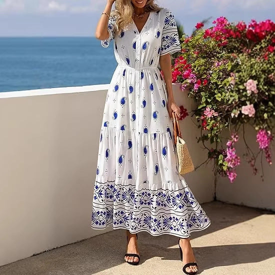 Damen Boho Maxikleid mit floralen Prints und Taillengürtel R&B