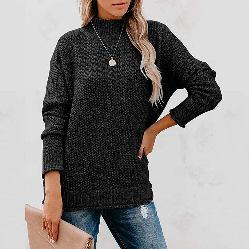 Damen Grobstrickpullover mit hohem Kragen und lässigem Schnitt R&B