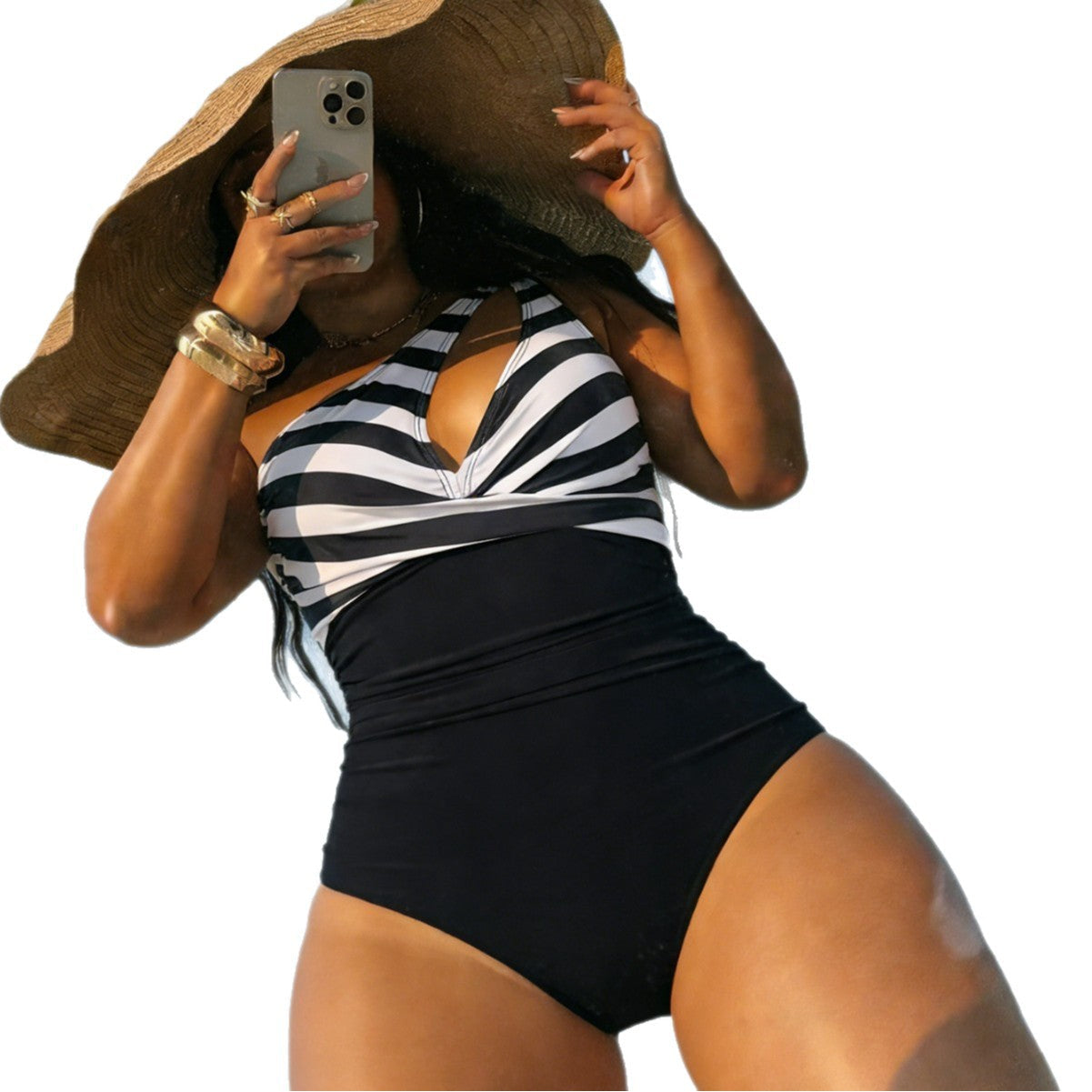 Damen Einteiliger Badeanzug mit modischem Streifenmuster und figurformendem Design R&B