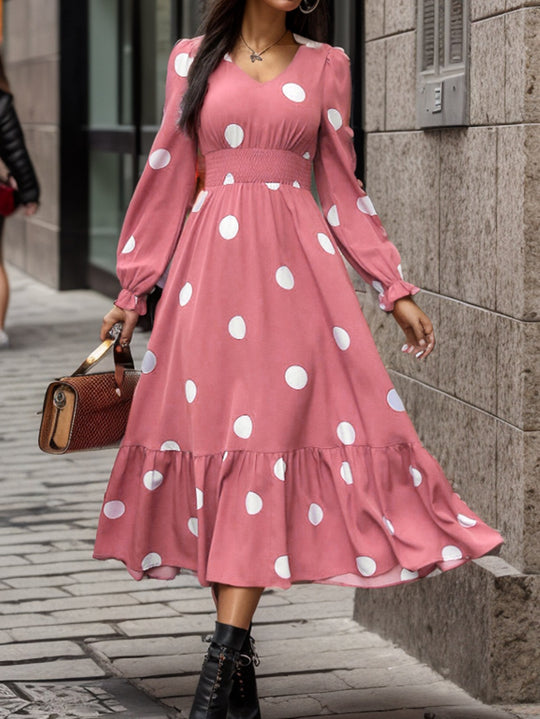 Damen Elegantes Maxi-Kleid mit modischem Punkte-Design und Taillenbetonung R&B