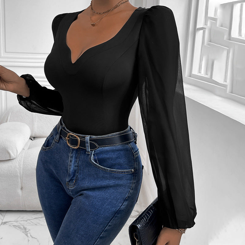 Damen Eleganter Body mit romantischen Puffärmeln und V-Ausschnitt R&B