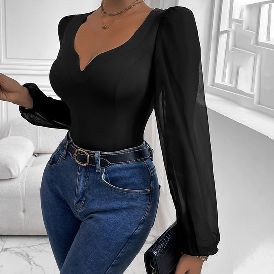 Damen Eleganter Body mit romantischen Puffärmeln und V-Ausschnitt R&B