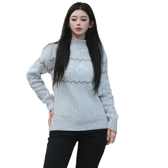 Damen kuscheliger Pullover mit hochgelegtem Kragen und winterlichem Motiv R&B