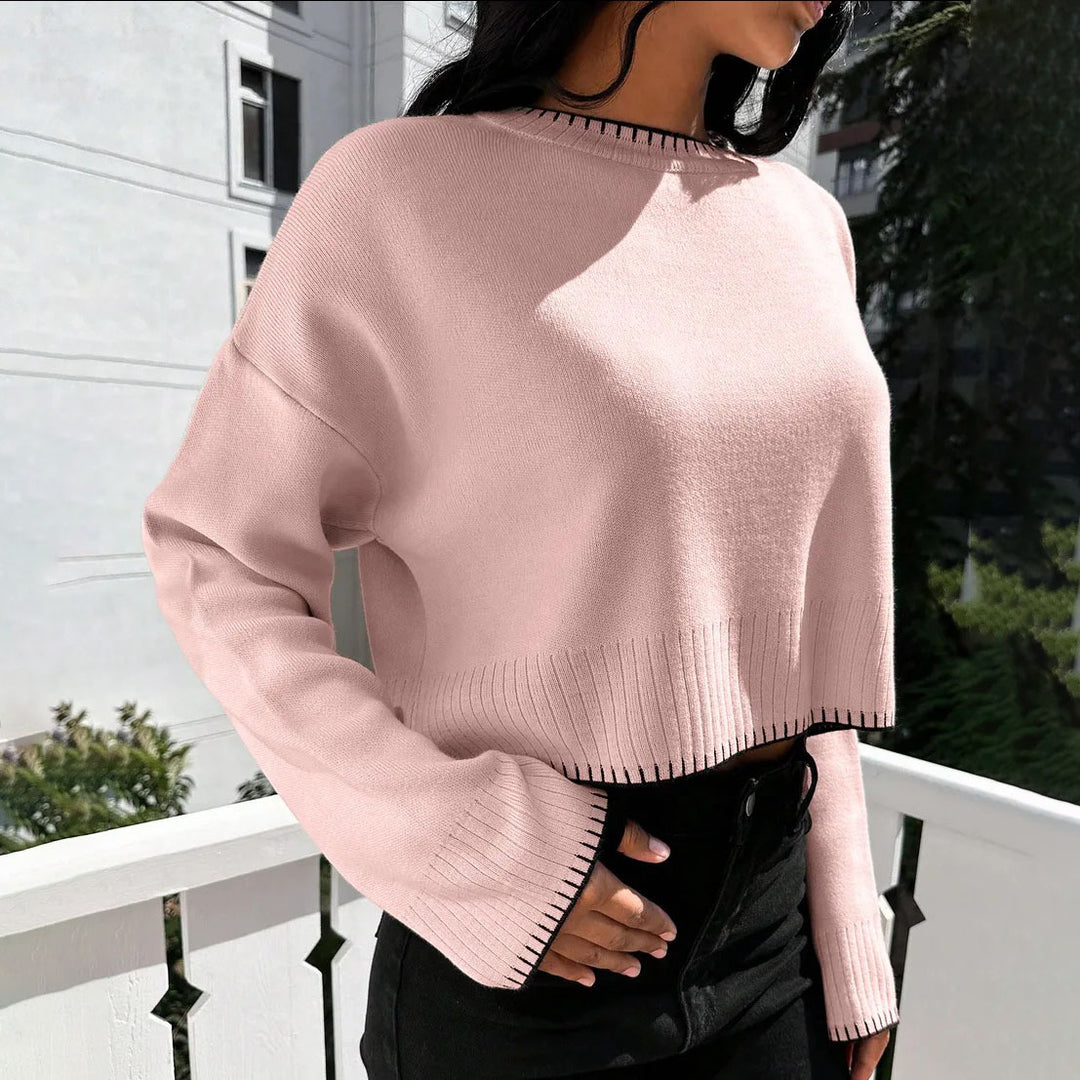 Damen lässiger Cropped Pullover mit feiner Rippstruktur und elastischem Bund R&B