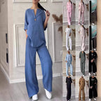 Damen nan lässiges Leinen-Relax-Set mit weiter Hose und Hemdbluse R&B