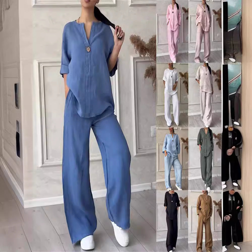 Damen nan lässiges Leinen-Relax-Set mit weiter Hose und Hemdbluse R&B