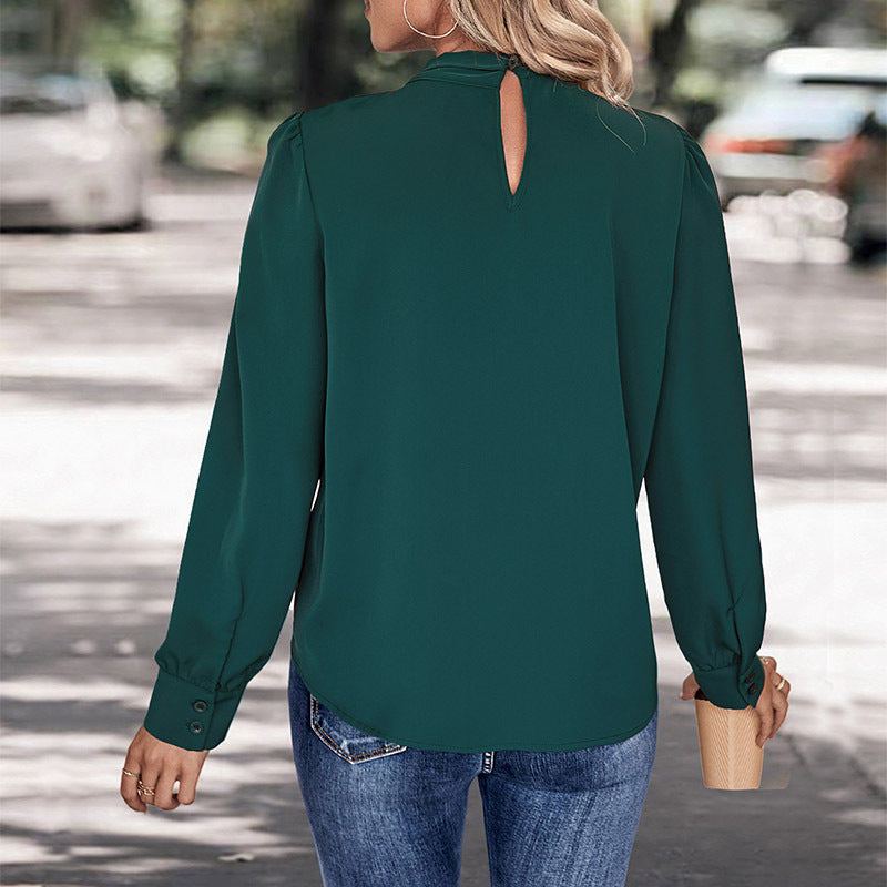 Damen elegantes Blusenshirt mit voluminösen Ärmeln und feinem Stehkragen R&B