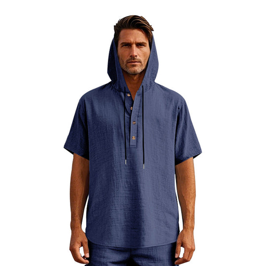 R&B | Leinen-Knopf-Strand-Kapuzen-Henley-Shirt