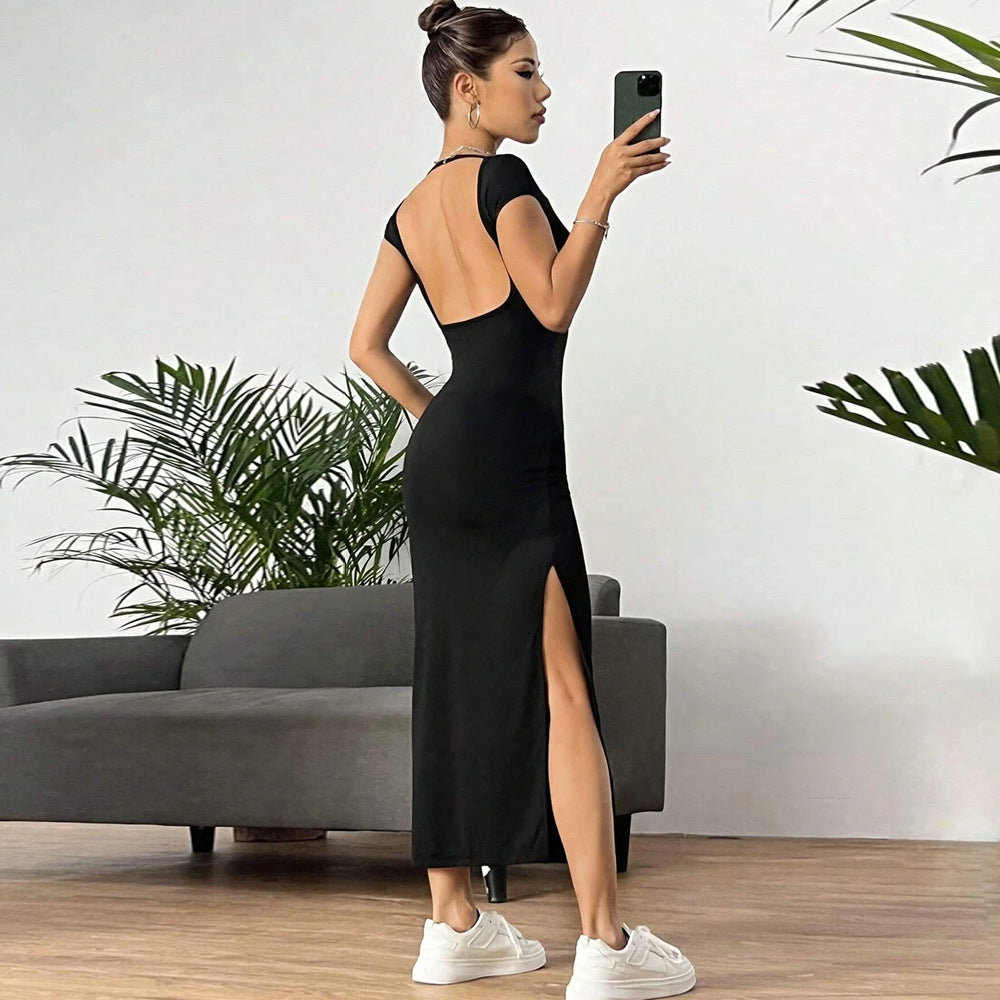 Damen figurbetontes Maxikleid mit seitlichem Schlitz und modernen Kurzärmeln R&B