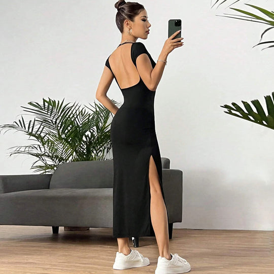 Damen figurbetontes Maxikleid mit seitlichem Schlitz und modernen Kurzärmeln R&B