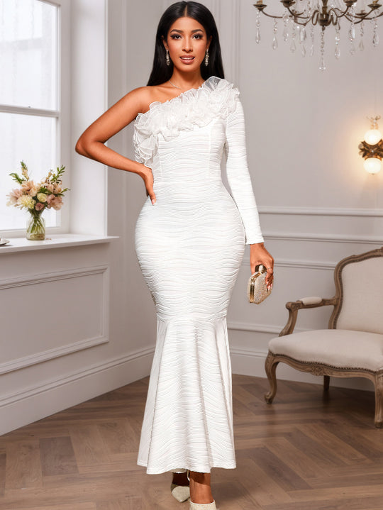 Damen elegantes Wickelkleid mit Rüschen und asymmetrischem Ausschnitt R&B