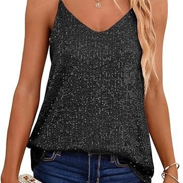 Damen Funkelndes Spaghetti-Trägertop mit V-Ausschnitt und schimmernden Details EB