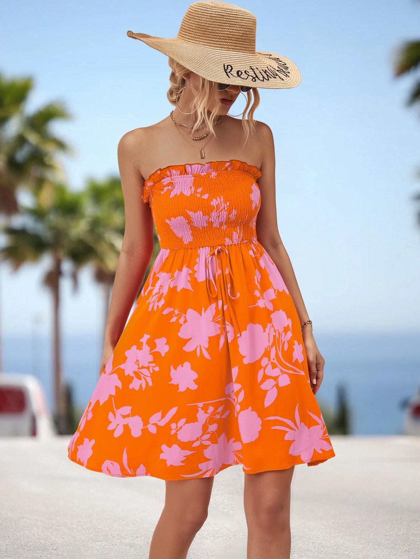 Damen luftiges Sommerkleid mit elastischem Taillenband und floralem Volant R&B