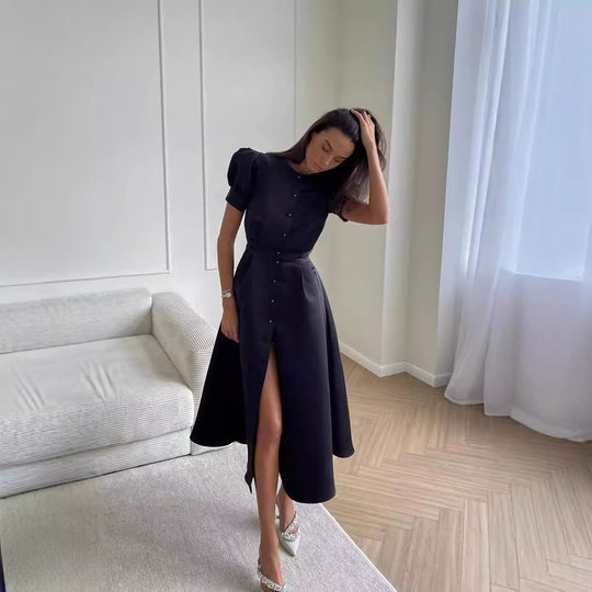 Damen Midi-Kleid mit Puffärmeln und schimmerndem Satin-Finish R&B