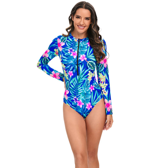 Damen Sportlicher Langarm-Badeanzug mit floralen Akzenten R&B