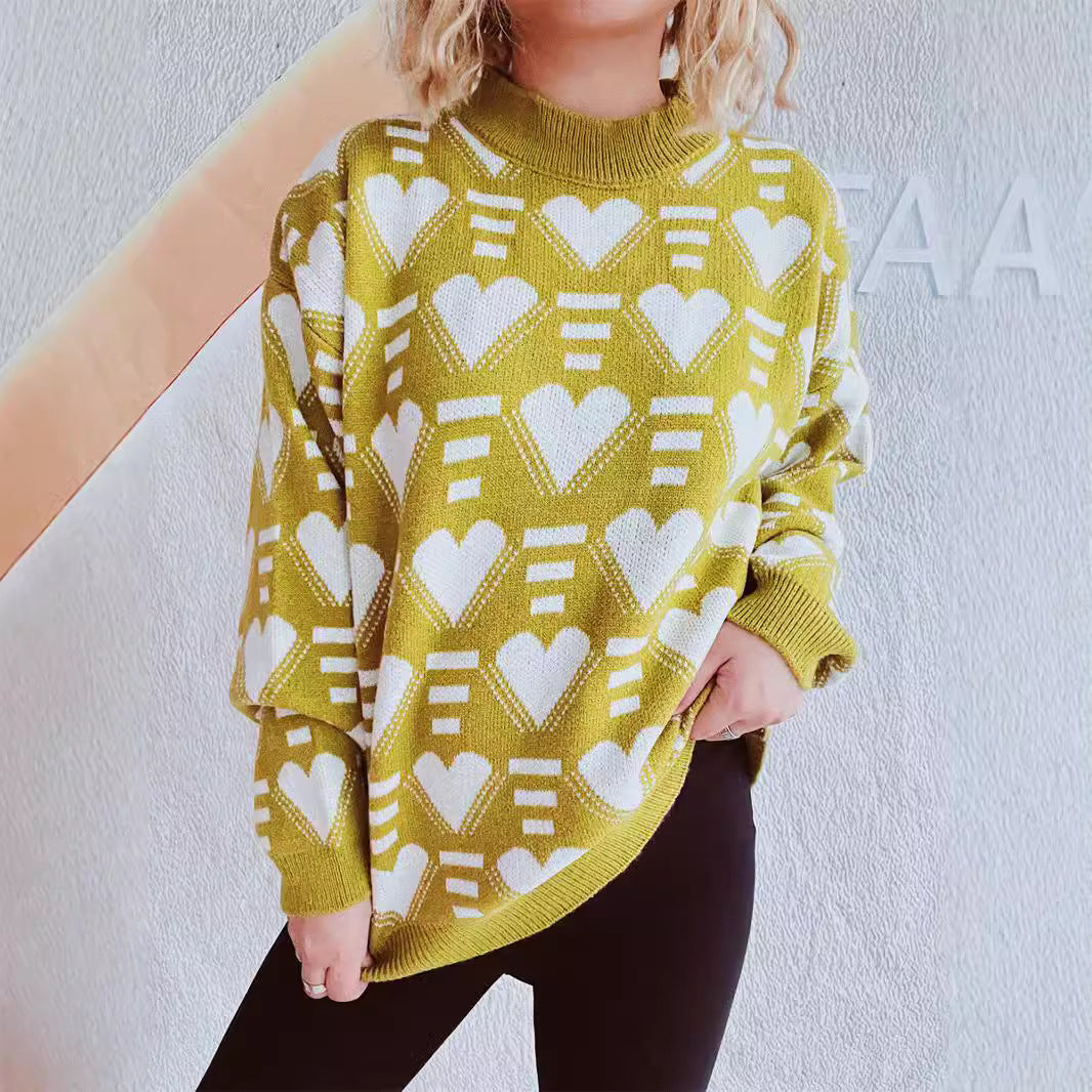 Damen gestrickter Pullover im modernen Herzdesign mit weitem Schnitt R&B