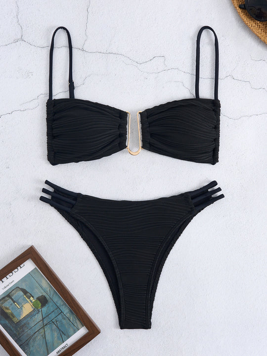 Damen Bandeau-Bikini mit raffiniertem Falten-Design und seitlichen Bindebändern R&B