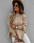 Damen Grobstrickpullover mit modernem Strukturdesign und hohen Kragen R&B