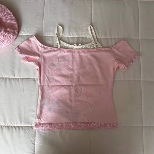 Damen Verspieltes T-Shirt mit Spitzenapplikationen und süßem Bärenmotiv R&B