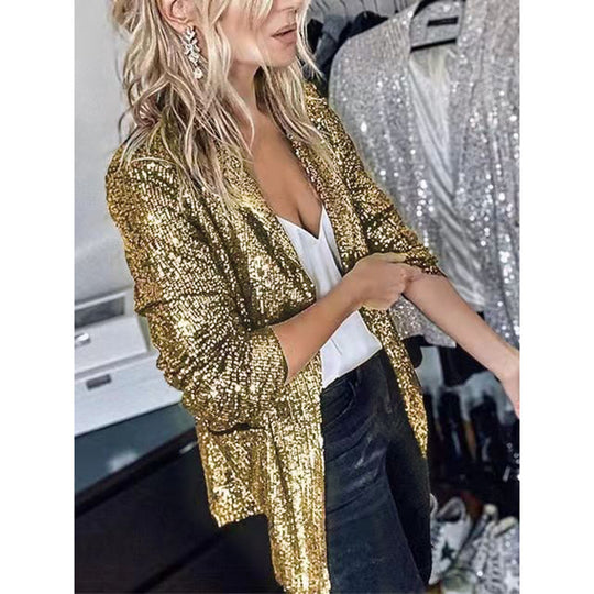 Damen Glamouröse Blazerjacke mit Paillettenbesatz und langem Arm R&B
