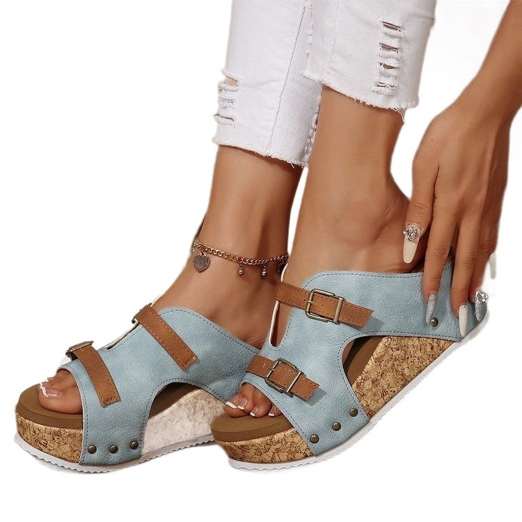 Damen bequeme Wedge-Pantoletten mit dekorativen Riemchen und korkgesunder Sohle R&B