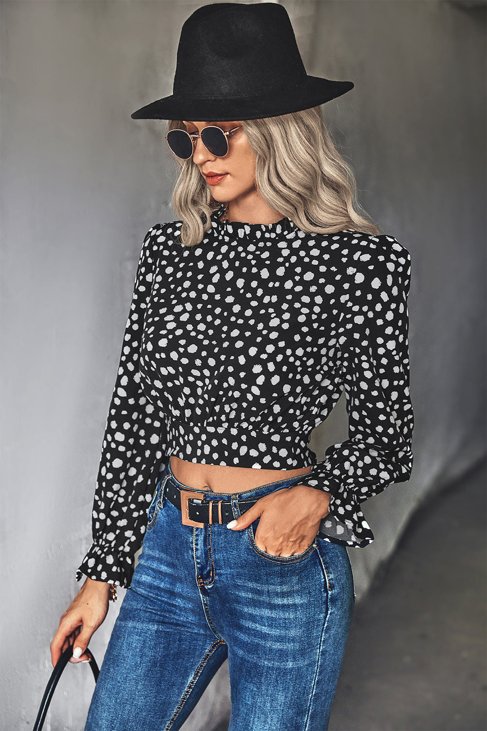 Damen Stehkragen-Blusenshirt mit Volantärmeln und Leopardenmuster R&B