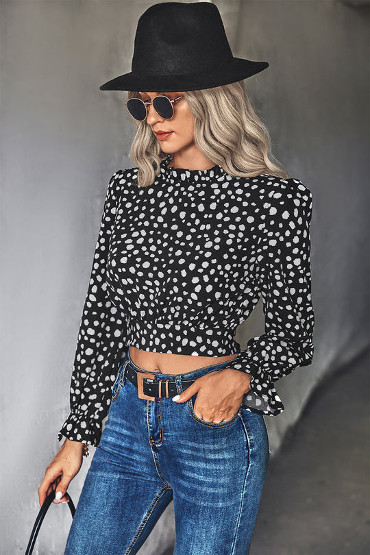 Damen Stehkragen-Blusenshirt mit Volantärmeln und Leopardenmuster R&B