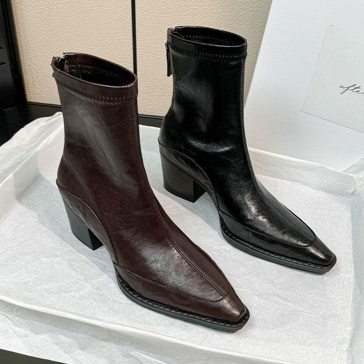 Damen elegante Ankle Boots mit robustem Blockabsatz und spitz zulaufender Zehenpartie
