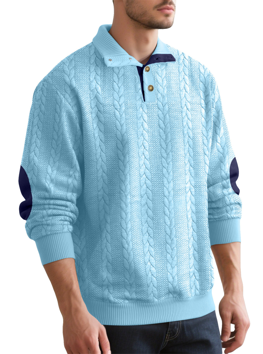 Herren nan Zopfmuster-Halbknopf-Pullover mit hohem Stehkragen und Wildleder-Ellbogenpatches R&B